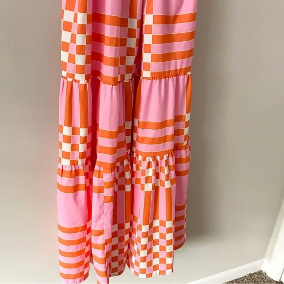 Pink & Orange Patchwork Maxi Dress Tie Strap Summer Dress Beach Vacation Dress - Picture 4 of 8